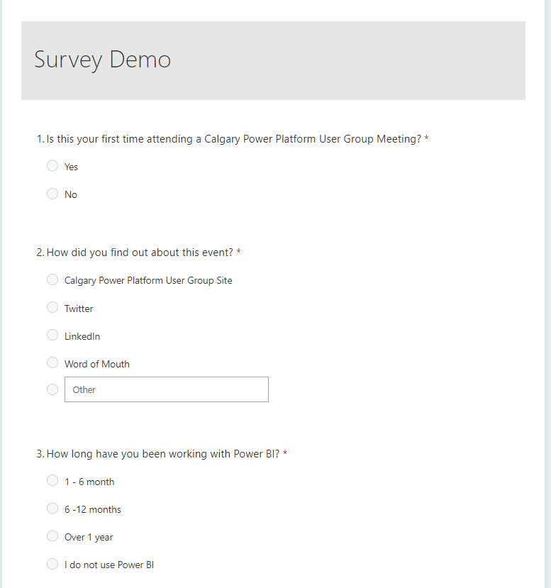 example of the survey created in ms forms