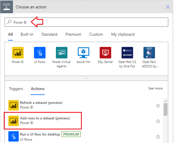 search example to find the power bi action for connecting to the streaming data set