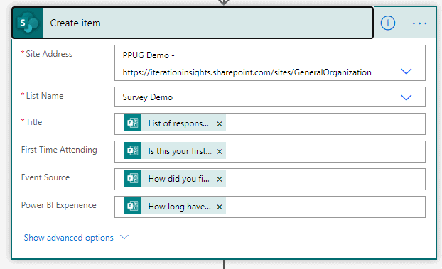 how to fill out the create item in sharepoint action in power automate