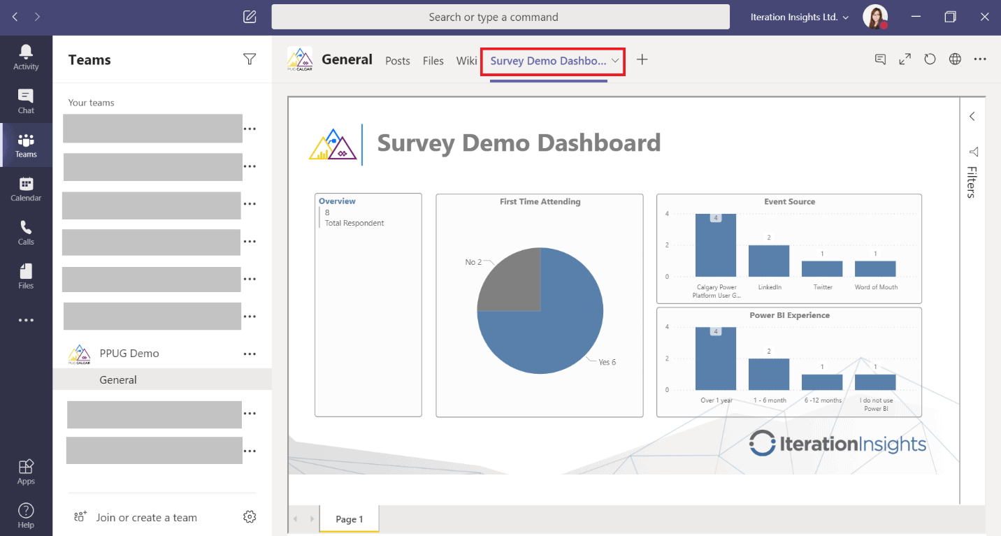 View of the Power BI dashboard in MS Teams
