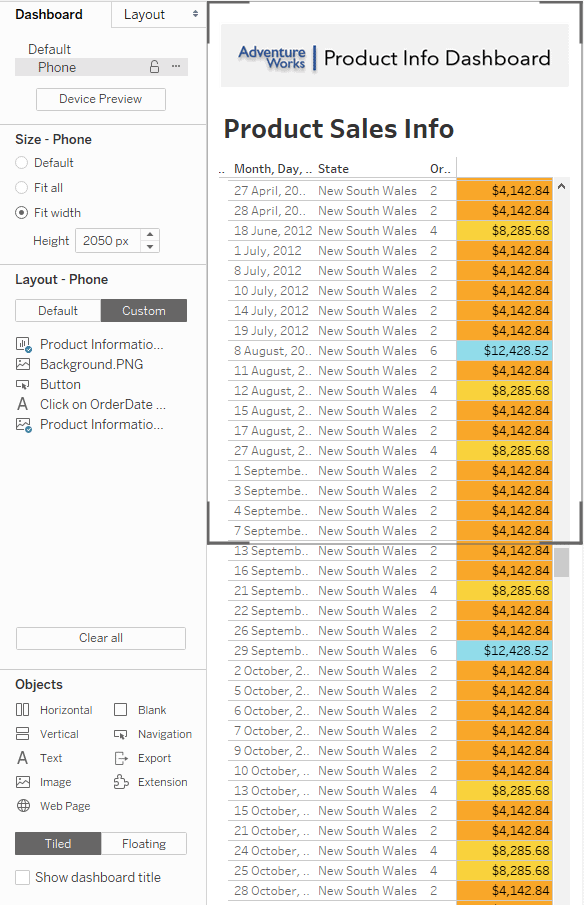 Tableau Desktop phone formatting layout and options