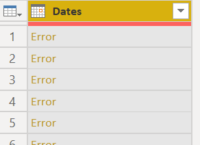 A screenshot of a Power BI Column that shows each row and a error.