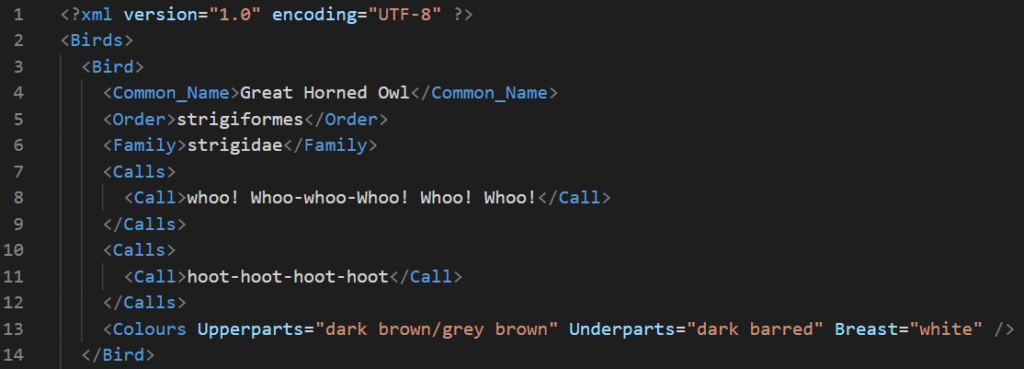 File snippet:

<?xml version="1.0" encoding="UTF-8" ?>
<Birds>
    <Bird>
        <Common_Name>Great Horned Owl</Common_Name>
        <Order>strigiformes</Order>
        <Family>strigidae</Family>
        <Calls>
            <Call>whoo! Whoo-whoo-Whoo! Whoo! Whoo!</Call>
        </Calls>
        <Calls>
            <Call>hoot-hoot-hoot-hoot</Call>
        </Calls>
        <Colours Upperparts="dark brown/grey brown" Underparts="dark barred" Breast="white" />
    </Bird>