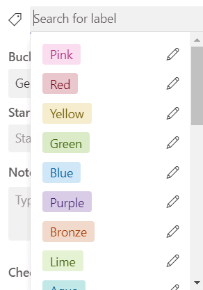 Screenshot of the drop down options for adding a label to a task. Labels are colour-coded and named based on their colour. A user can edit the names of the labels as needed. 