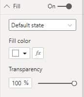 Screenshot from Power BI showing that the default state of the fill of the button is white set to 100% transparency. 