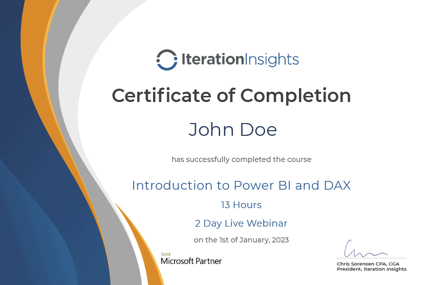 Certificate of completion for completing the course Introduction to Power BI and DAX.