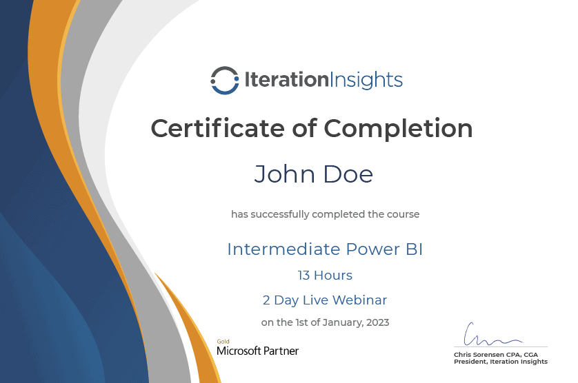 Certificate of completion for completing the course Intermediate Power BI.