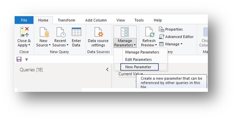 In power Query go to Manage Parameters under the Home tab and click on New Parameters.