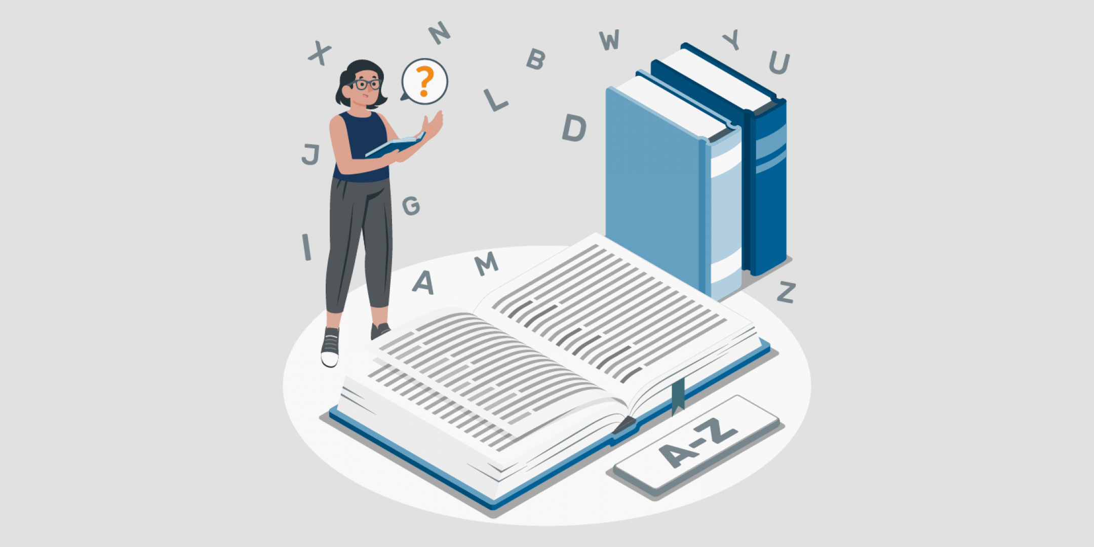 Woman standing over a data glossary.