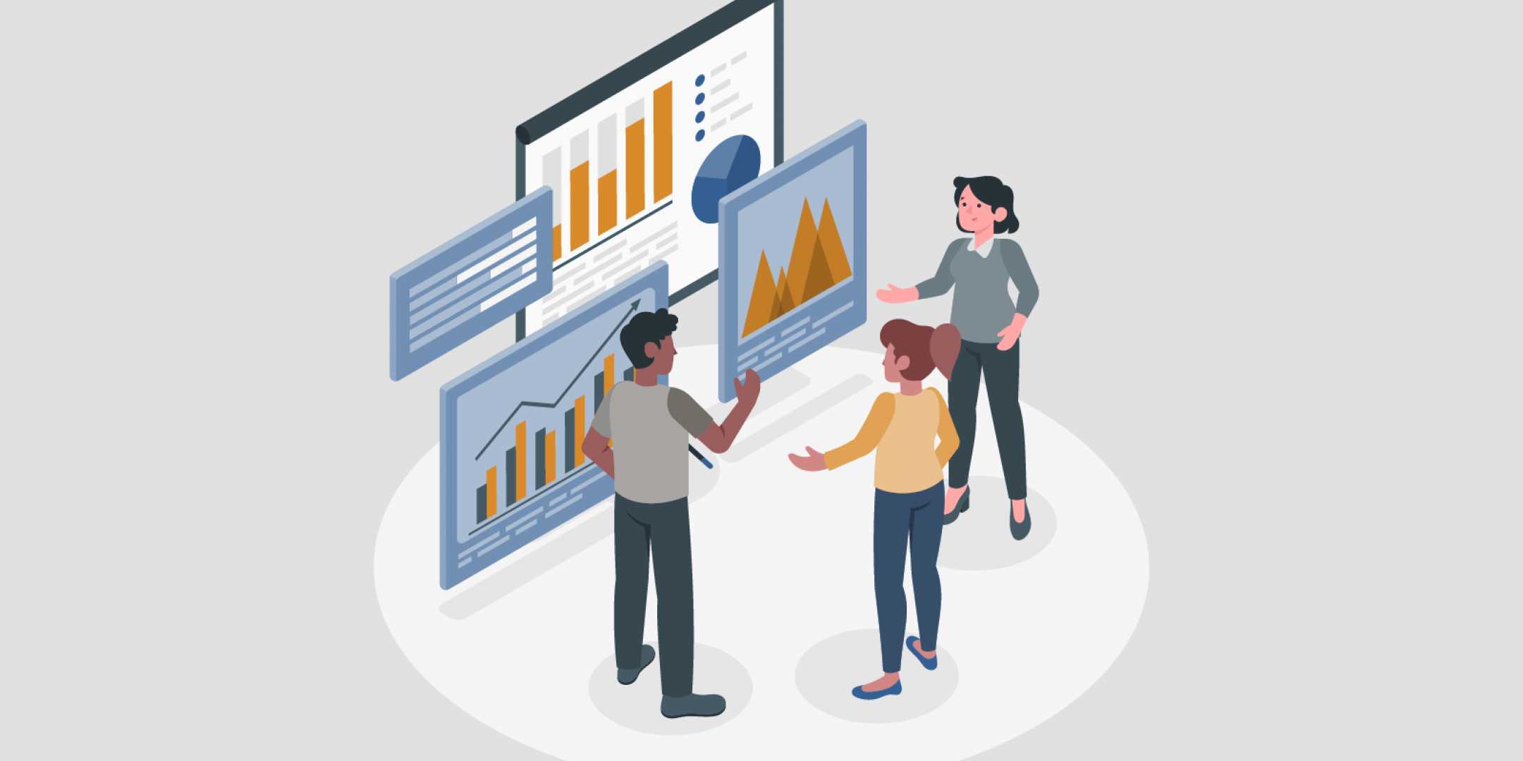 Group of people analyzing data on a presentation screen with graphs.